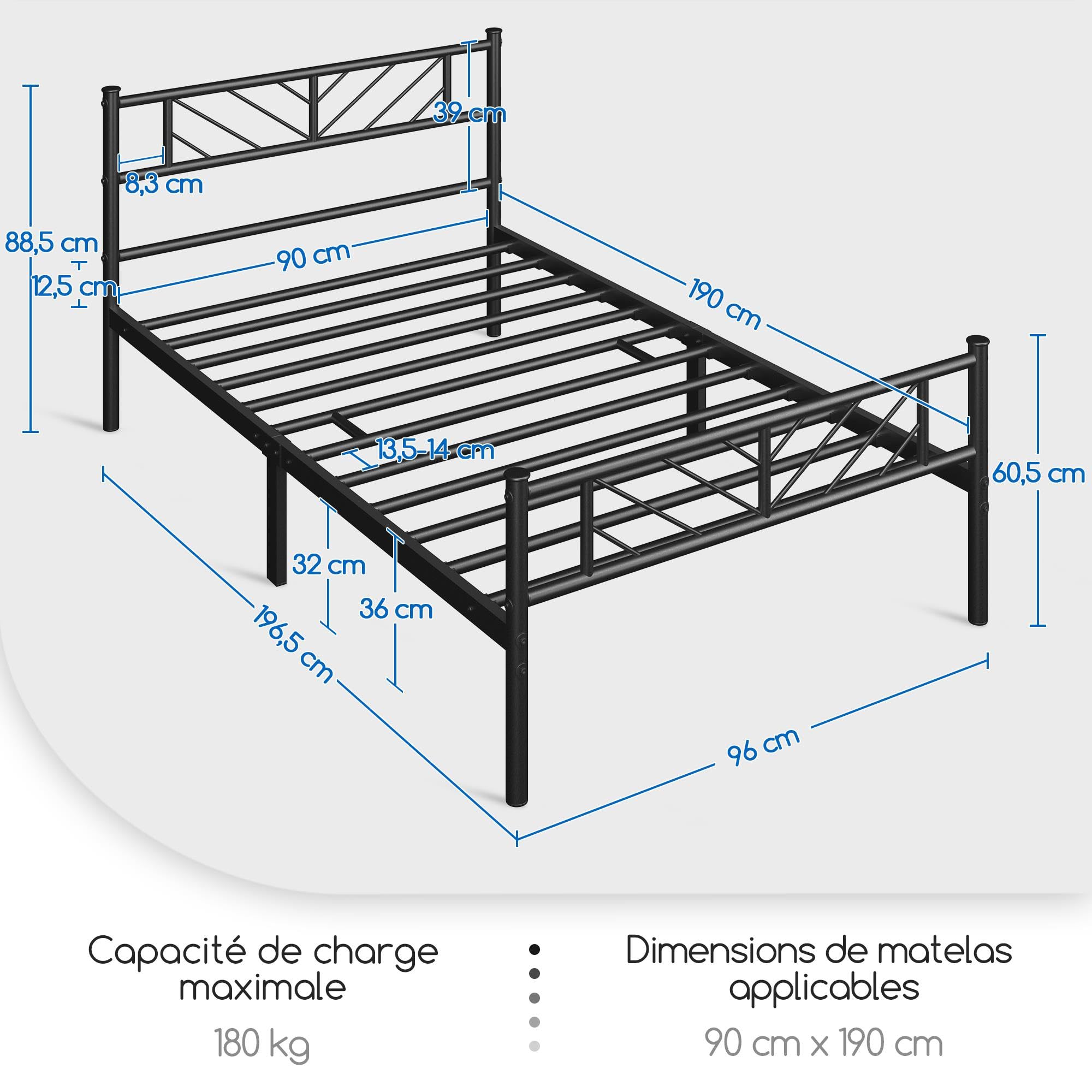 Yaheetech Struttura Letto Singolo in Ferro Metallo Testiera Industriale Camera da Letto Ospiti Soggiorno Semplice Moderno Nero 90 x 190 cm
