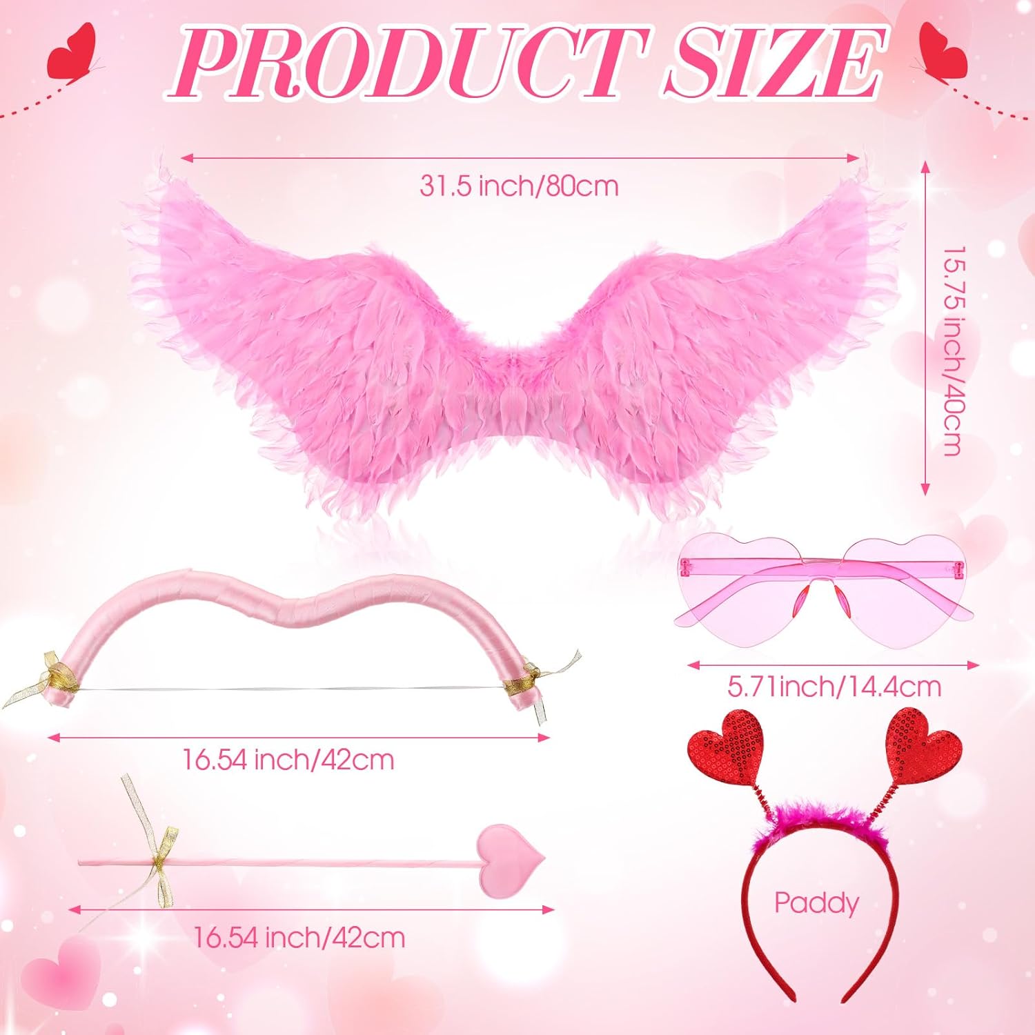 Coume Valentine Cupid Costume Accessories Set for Women Kid Angel Outfits Bow Arrow Heart Headwear Sunglasses Feather Wings - Image 2