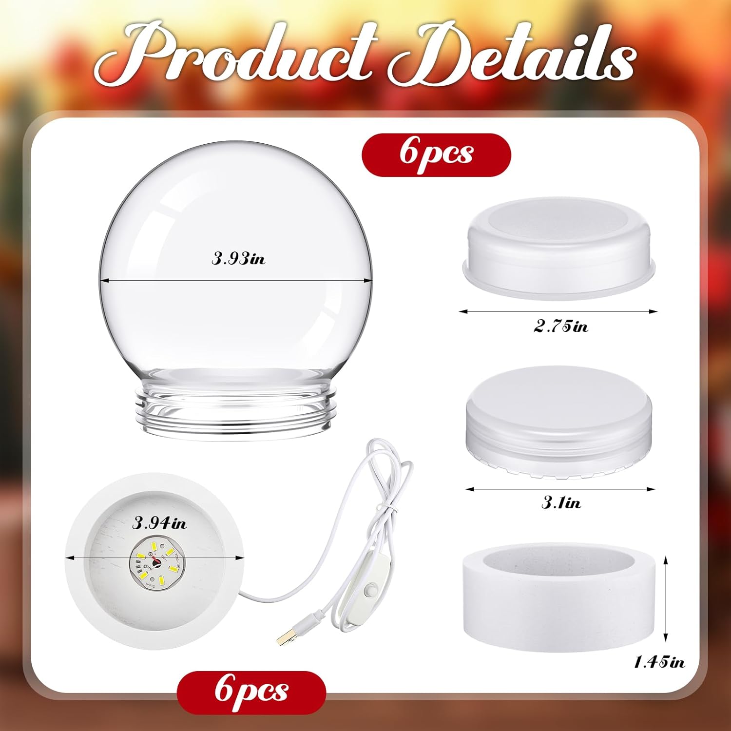 12 Pcs 3.9 Inch DIY Snow Globe Kit, 6 Make Your Own Snow Globe Craft 6 LED Light Wood Base Clear Plastic Dome for Valentine Wedding Christmas Decor Keepsake Gift Plant Terrarium Display (White Base)