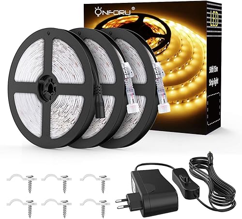 Onforu 15M LED Streifen mit Netzteil IP65 Wasserdicht LED Strip 450 LEDs Lichtband mit AN AUS-Schalter Selbstklebend LED Band 3000K WarmweiAY Innen-und AuAYenbeleuchtung fA r Haushalt KA che Deko