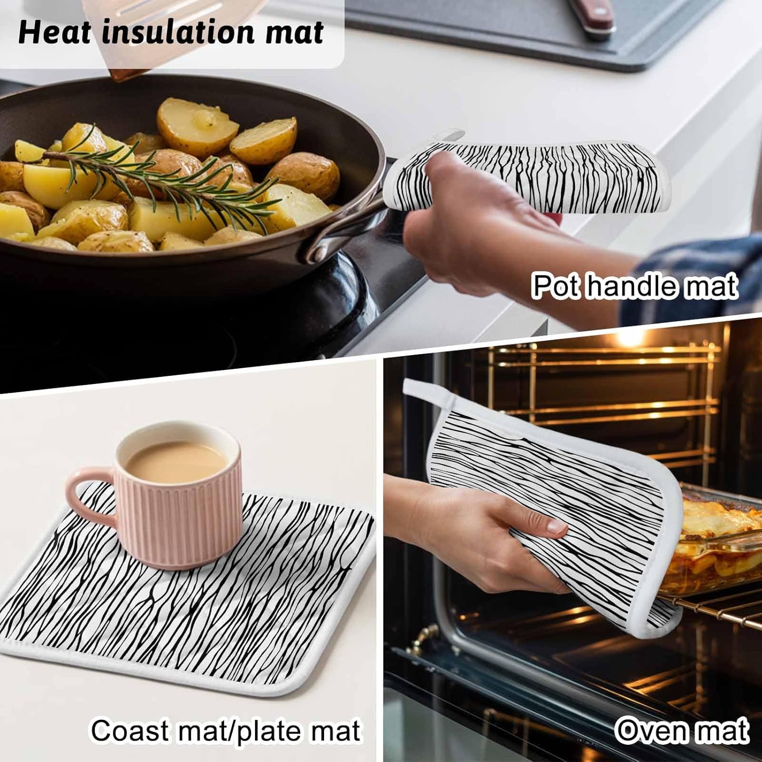 Black White Lines Pot Holders for Kitchen Heatproof Potholder, 5 Pack Retro Stripes Texture Minimalist Art Hot Pads Multipurpose Oven Pads Cloth Potholders Trivet for Cooking Baking