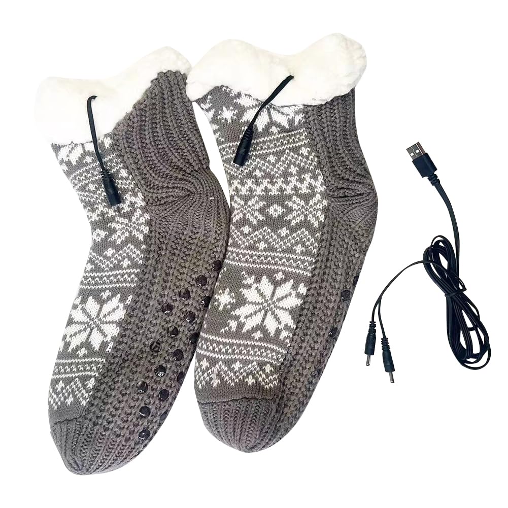 Cymwer Heated Socks for Men Women, Rechargeable Electric USB Knitted Socks, Non-Slip Fluffy Slippers, Foot Warmers for Indoor and Outdoor Sports