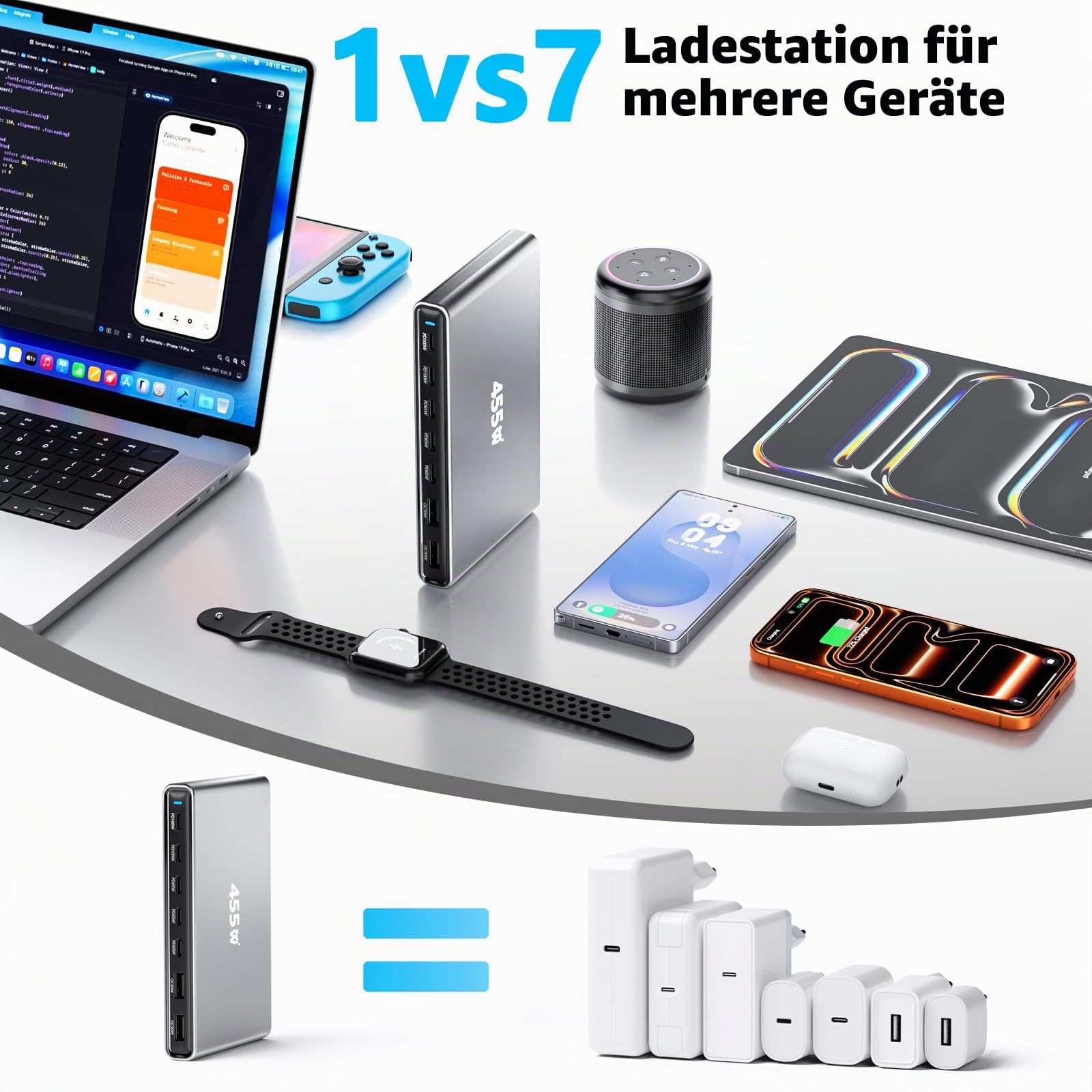 USB C Ladegerät, 455W 7 Port USB ladegerät mehrfach, Multi Port Schnellladestation, GaN PD PPS-Netzteil Kompatibel mit MacBook Pro/Air, Dell, iPhone, Galaxy, Laptops, Tablets, Mobiltelefonen