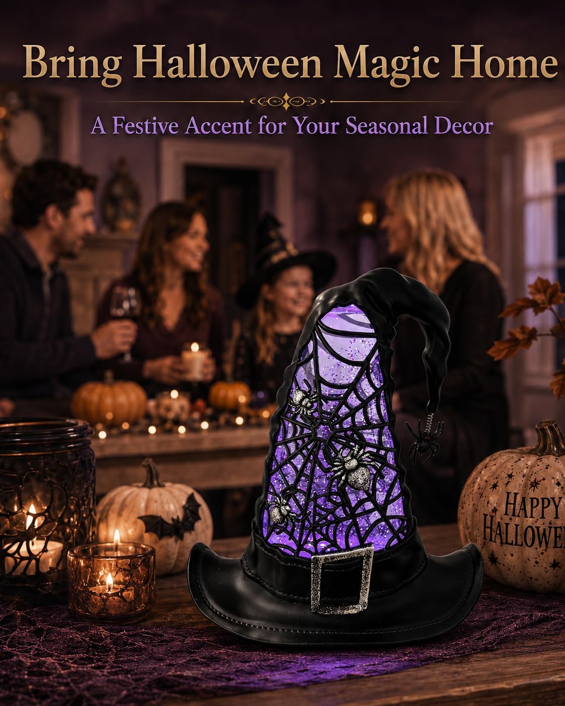 Halloween Snow Globe Lighted Witch Hat Decor Purple LED Glitter Water Globe | Lighted Halloween Decorations, Witch Hat Tabletop Decor with Spider Web Design, Hanging Spider Accent & Glitter Water Swirl