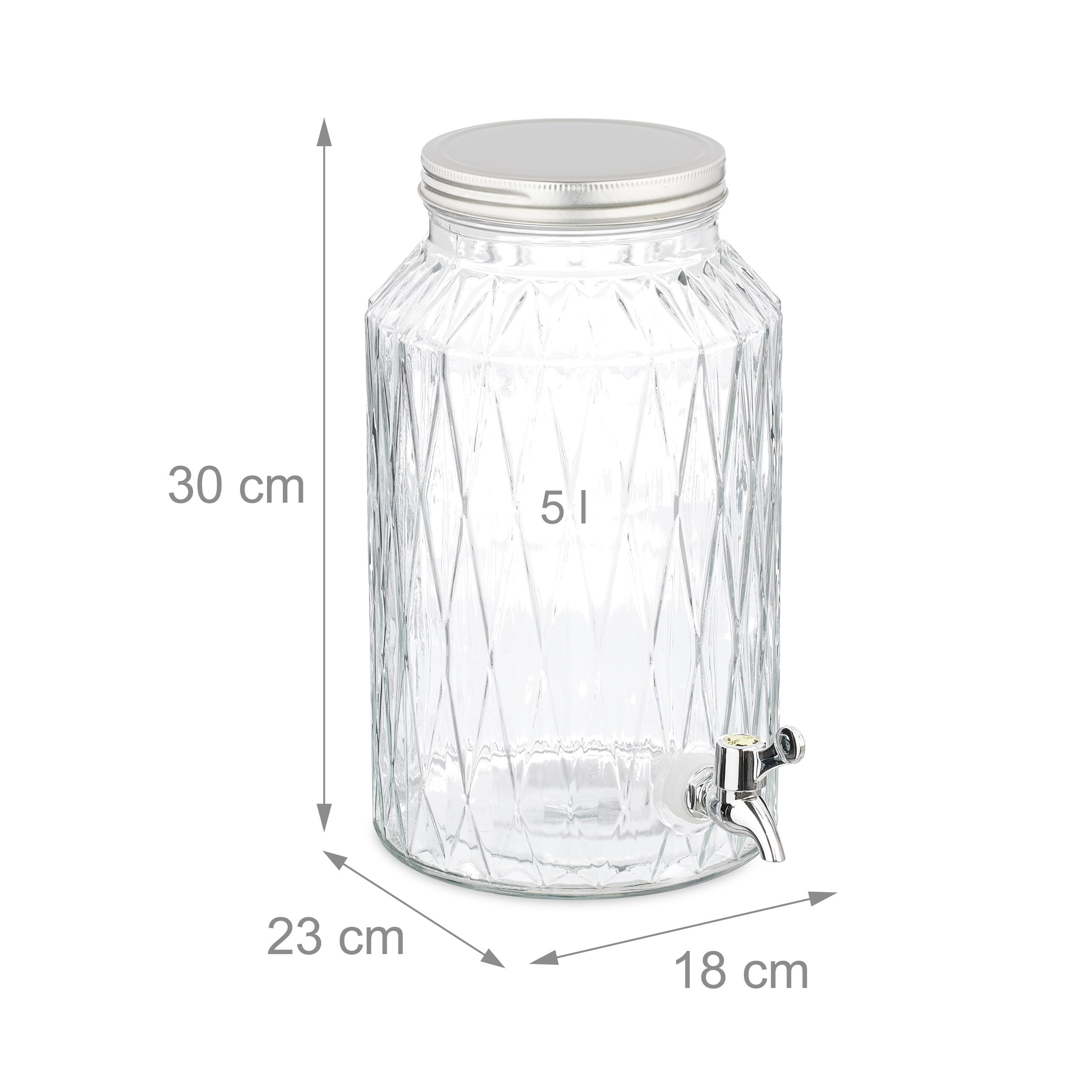 Relaxdays Dispenser in Vetro per Bevande, Erogatore da 5 L con Rubinetto e Coperchio, Distributore Acqua, Bibite e Drink