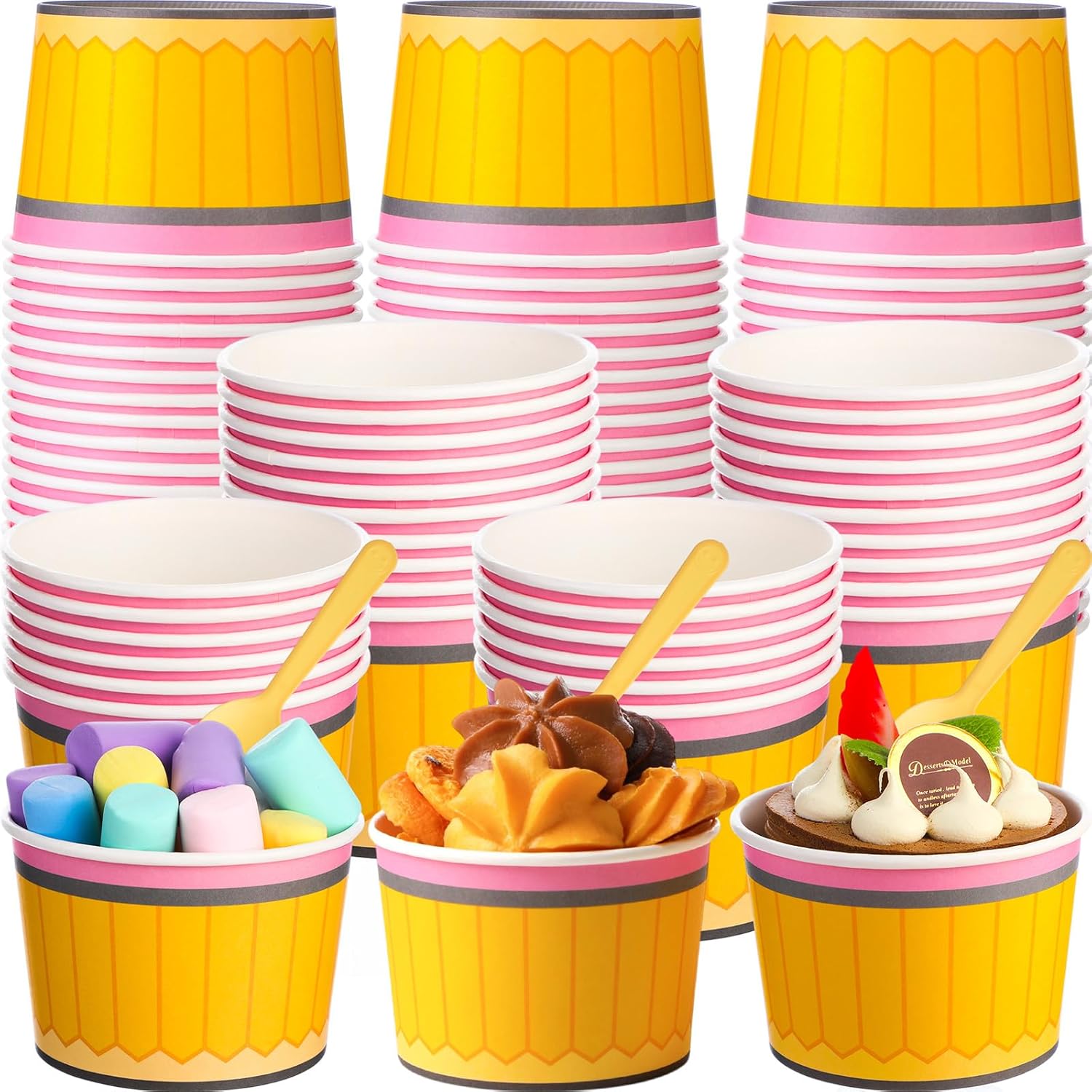 Honeydak 50 Set 9oz Back to School Paper Ice Cream Cups Yellow Pencil Design Disposable Dessert Bowls with Spoons Dessert Bowls for First Day of School Party Supplies