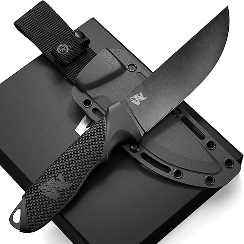 ODENWOLF W-FLAT - Cuchillo de supervivencia de espiga completa con funda, elegante cuchillo táctico de hoja fija, hecho de acero 440C, cuchillo de
