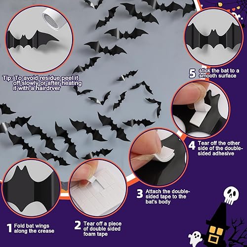 Miniatura 5 de 120 piezas de decoración de murciélagos de Halloween, 4 tamaños, impermeables, extraíbles, 3D, calcomanías de murciélagos aterradores para