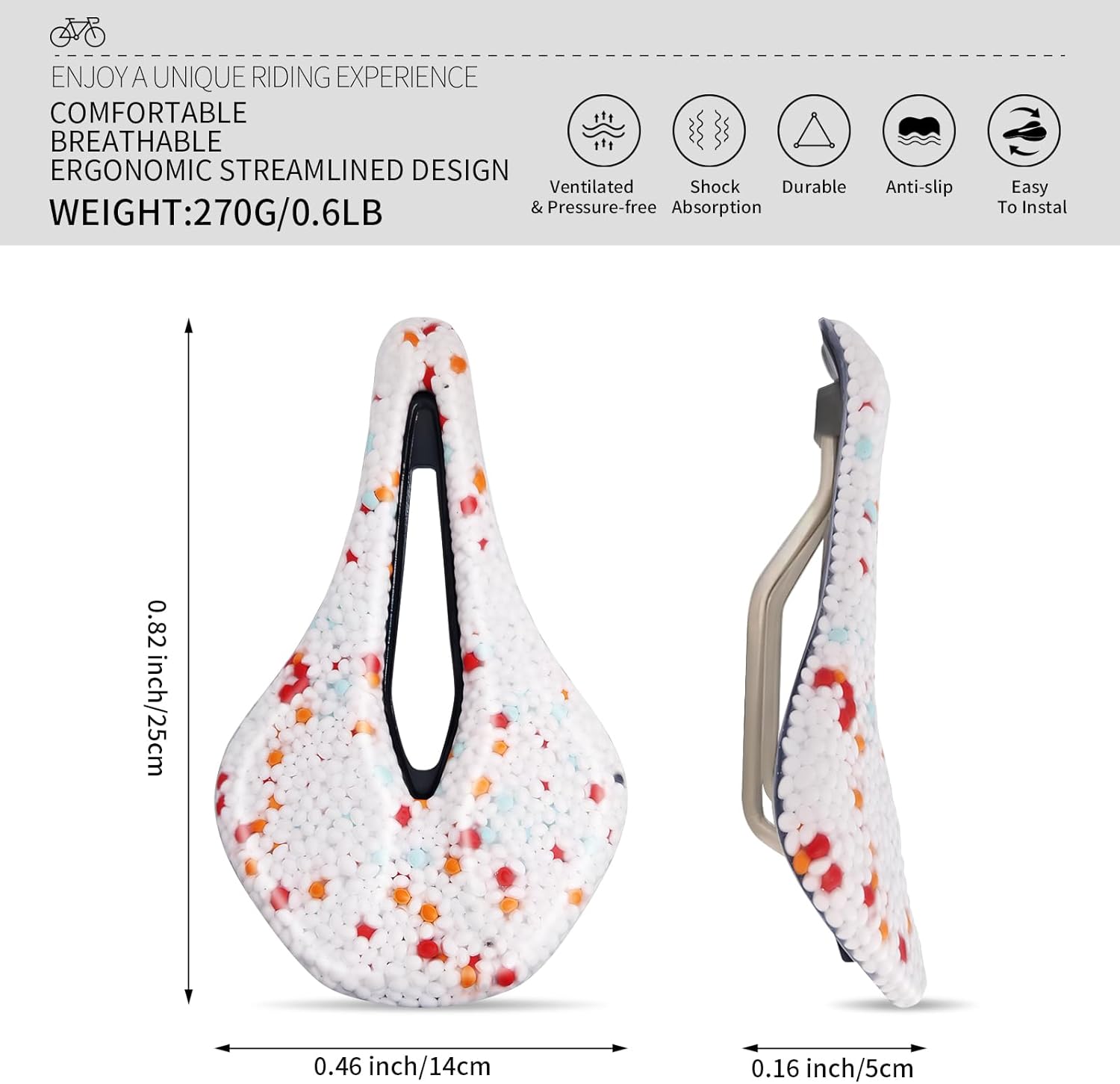 Bike Seat with E-TPU Shock Absorption & Dual Suspension,Comfortable Bicycle Saddle for Road & Mountain Bikes, Ergonomic Bicycle Seat (White and Multicolor)