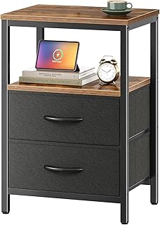 طاولة بجانب السرير مع درج قماشي قابل للتعديل، حامل بجانب السرير لغرفة النوم، طاولة جانبية للتخزين من 3 طبقات لغرفة المعيشة، بني ريفي وأسود (درجين)