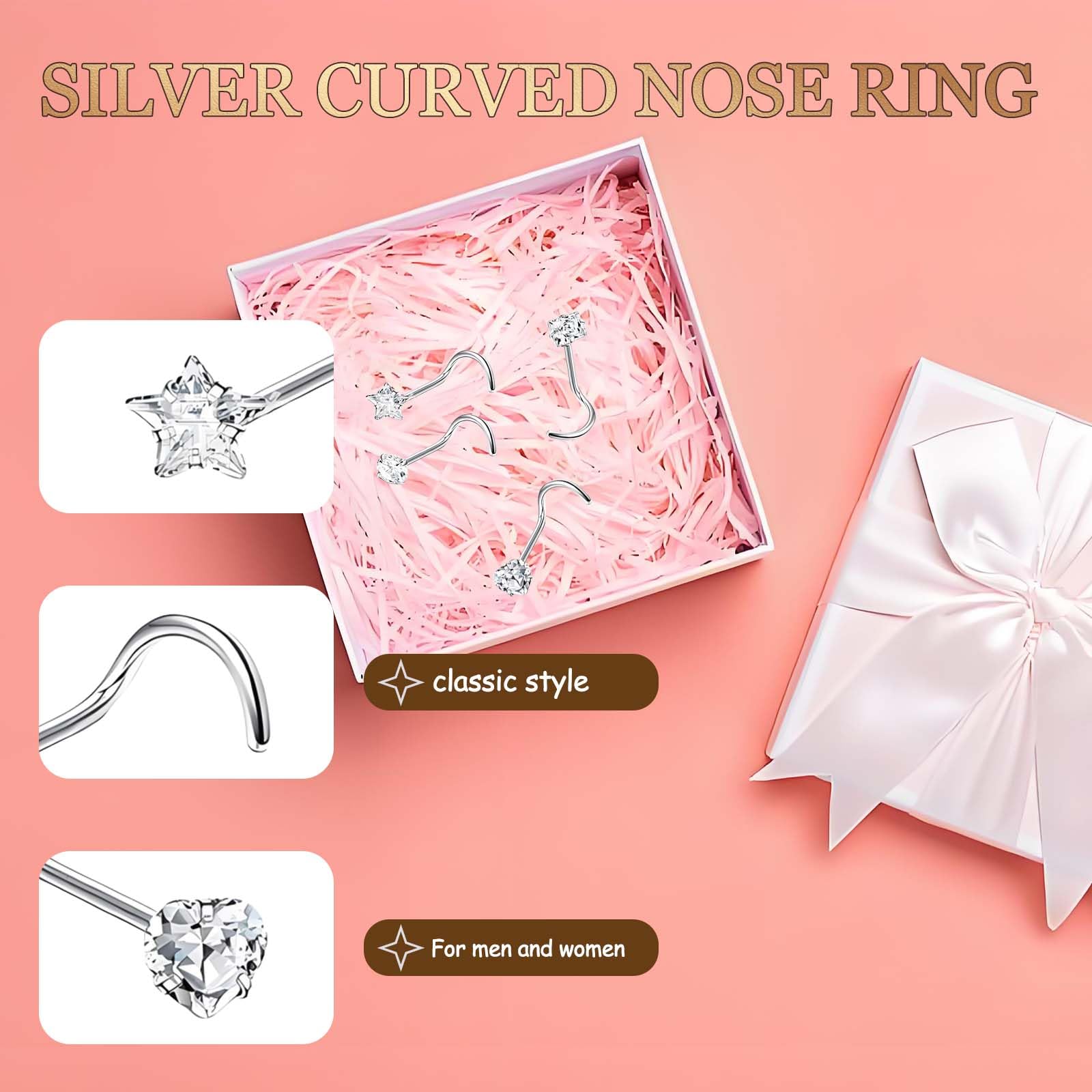 8PCS Silver Nose Studs, Stainless Steel Corkscrew Nose Piercings, Nose Piercing Jewellery with Small Size for Daily Wear Party Dating Suitable for Women Men Jewellery Piercing Accessories Lover — view 3