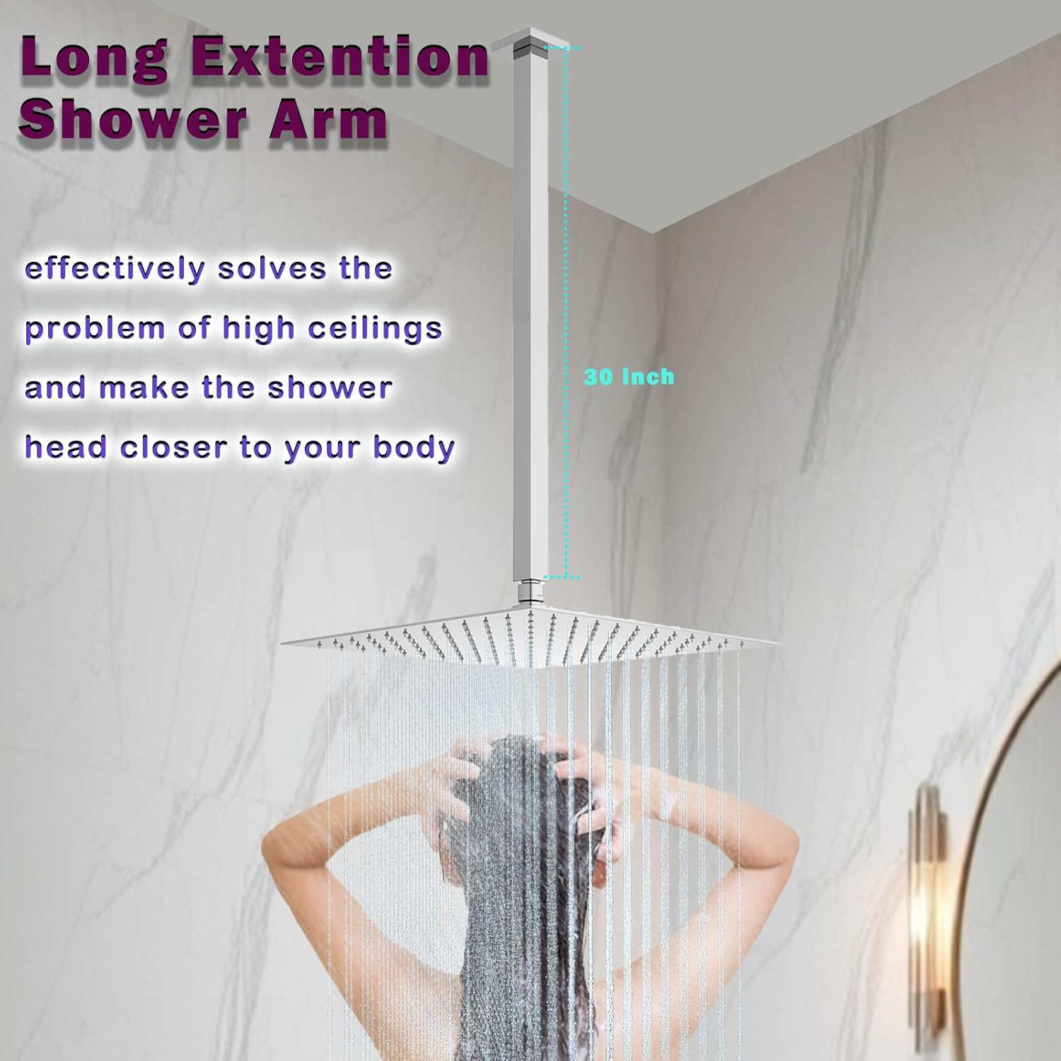30 Inch Chrome Square Ceiling Mounted Shower Arm and Flange