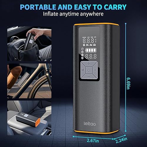 Miniatura 9 de Inflador de neumáticos inalámbrico, compresor de aire portátil de 150 PSI con parte trasera de almacenamiento de accesorios, bomba de aire de 12 V