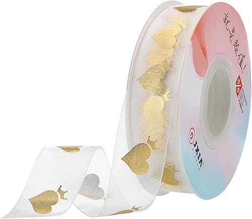 MECCANIXITY Cinta transparente de organza con alambre de resorte de 1 pulgada de ancho, cinta de gasa con estampado de amor, lámina dorada con