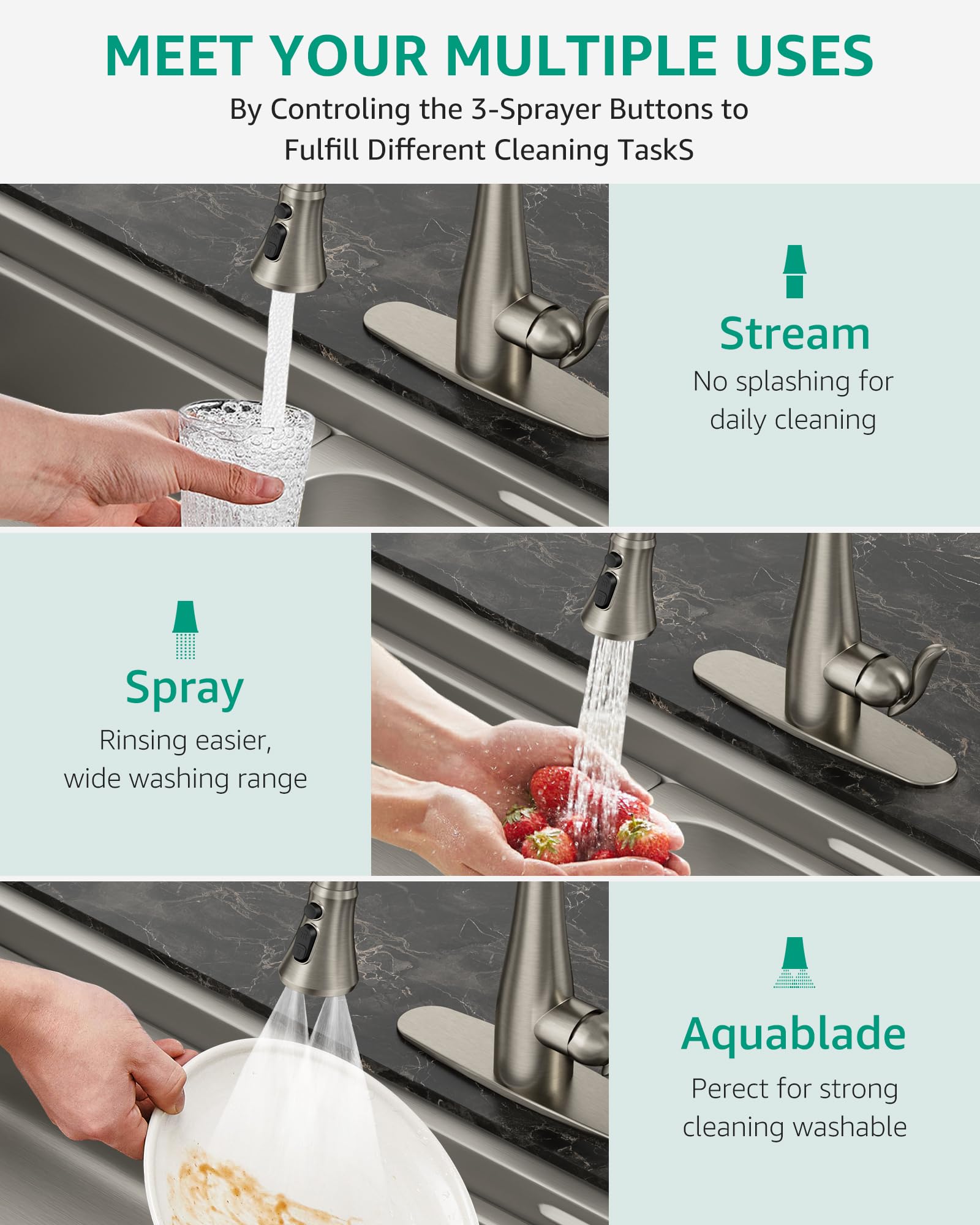 Mbillion Kitchen Faucet Head Replacement 3 Modes Polished Chrome Pull Down Sprayer Head Replacement with 14 Adapters Kitchen Sink Faucet Head (Brushed Nickel) - Image 3