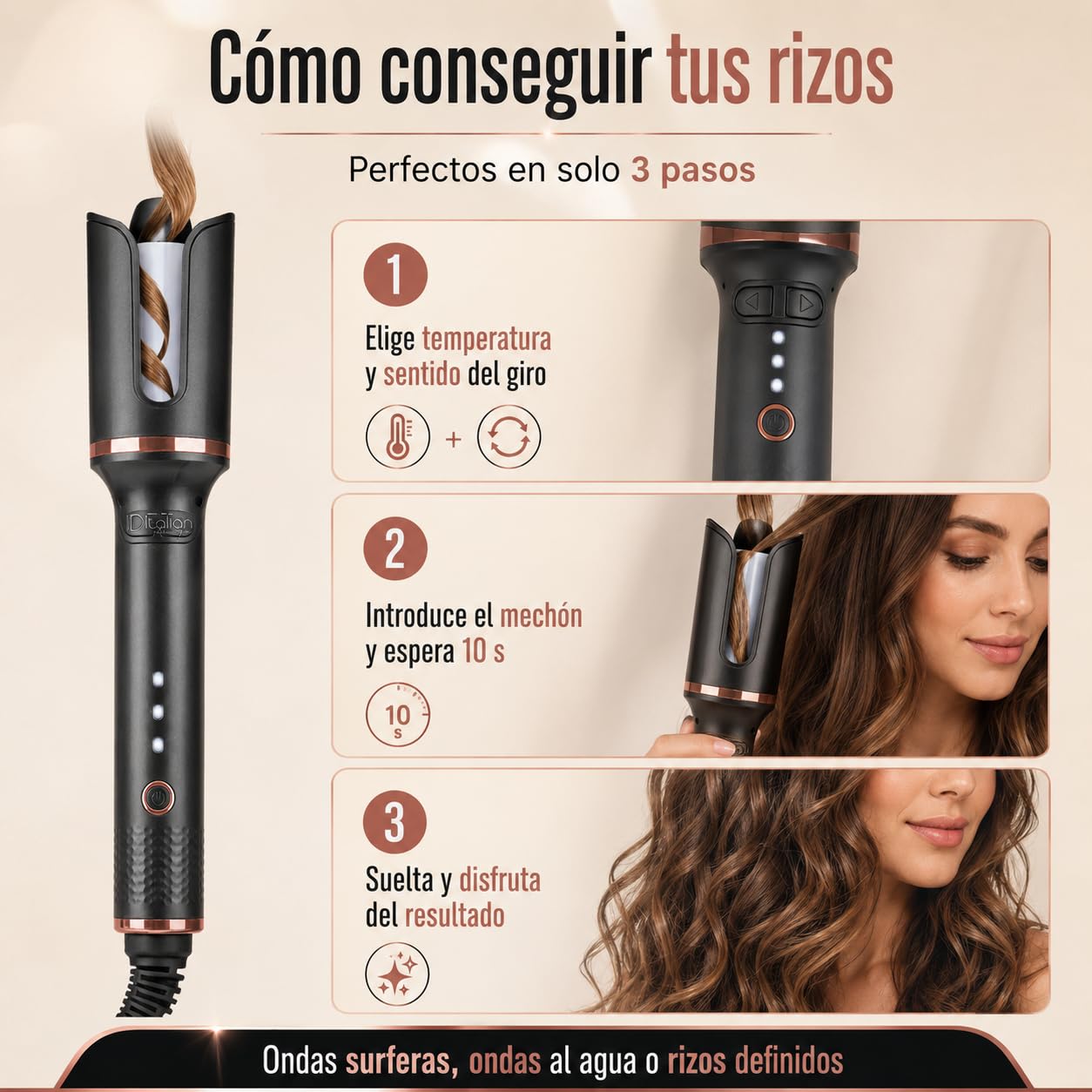 Rizador de Pelo Automatico My Tulip ID Italian Design - Automatic Hair Curler con 3 Temperaturas (160ºC / 190ºC / 220ºC) para Todo Tipo de Cabellos - Modelador de Cabello Profesional