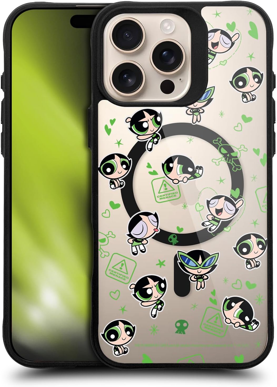 Head Case Designs Officially Licensed The Powerpuff Girls Buttercup Pattern Character Icons Black Shockproof Bumper Case [Military Grade] Compatible with Apple iPhone 16 Pro Max and with MagSafe