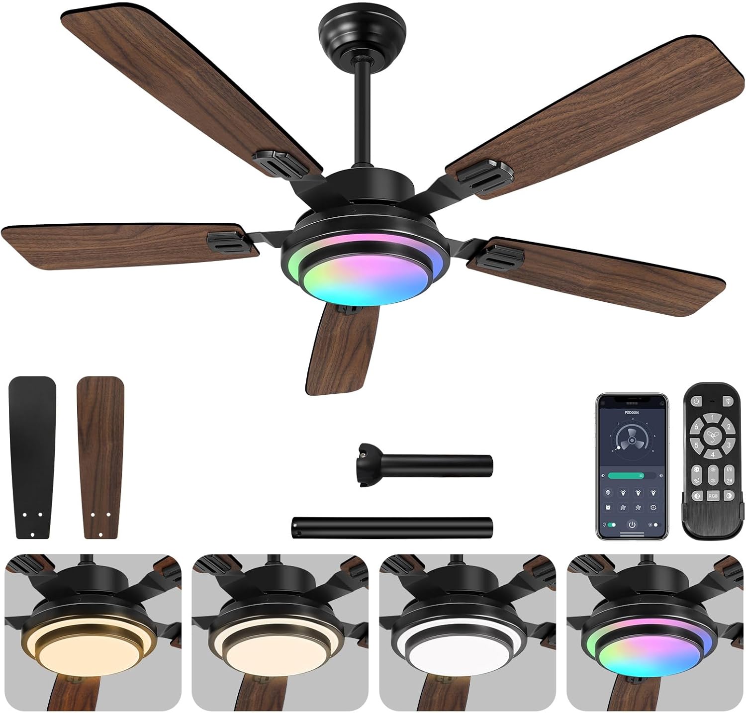 OUTON 52" Ceiling Fan with Light, Remote & APP Control, Low Profile RGB Ceiling Fans Light, Reversible, 6 Speeds, 3000-6500K Stepless Dimming, Modern Ceiling Fan for Bedroom Indoor/Outdoor Use Walnut