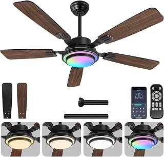 OUTON 52" Ceiling Fan with Light, Remote & APP Control, Low Profile RGB Ceiling Fans Light, Reversible, 6 Speeds, 3000-6500K Stepless Dimming, Modern Ceiling Fan for Bedroom Indoor/Outdoor Use Walnut