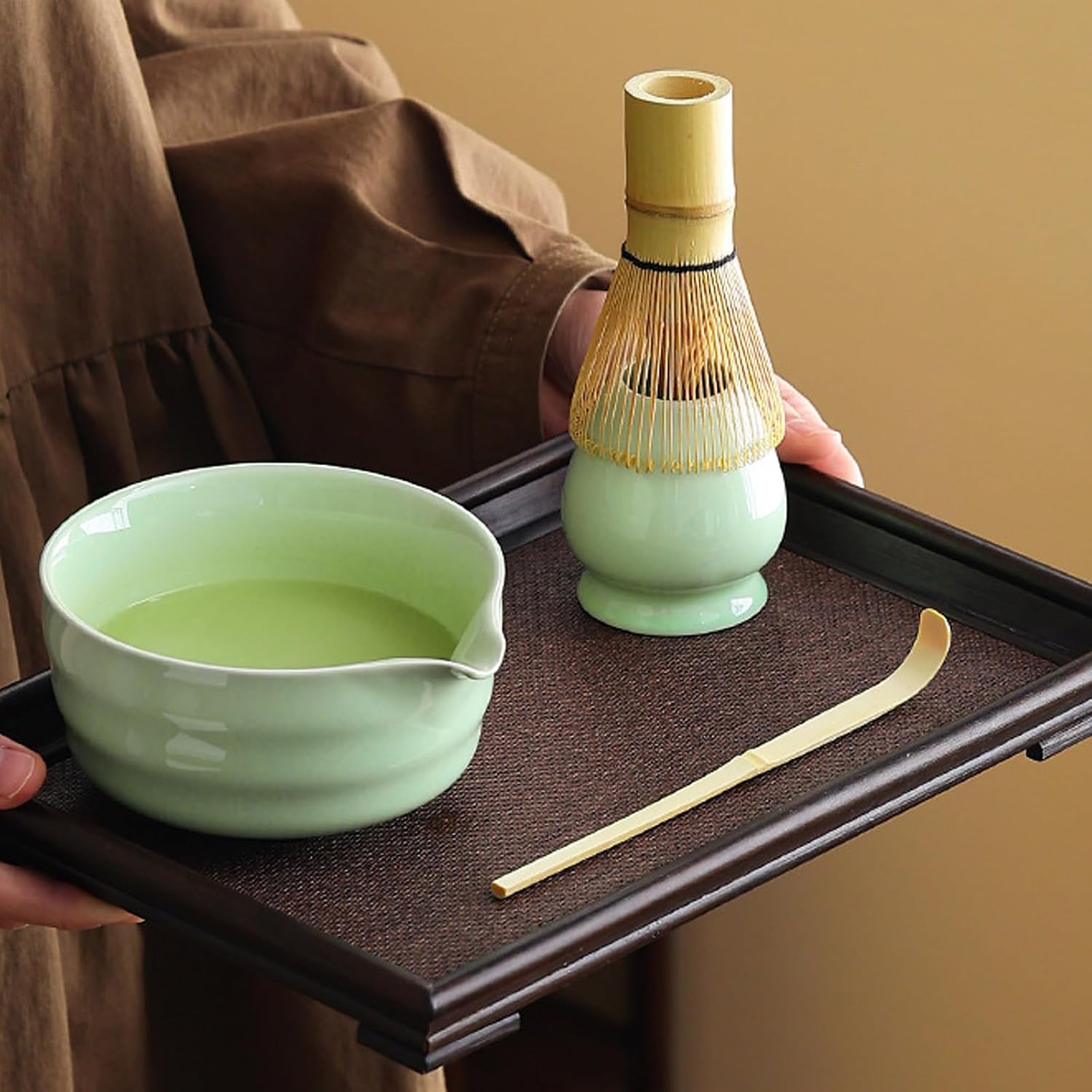 7-Piece Ceramic Matcha Whisk Set - Traditional Japanese Tea Ceremony Kit with Chasen Whisk, Chawan Bowl, Chashaku Scoop, Sifter & Towel for Beginners & Pros (Green)