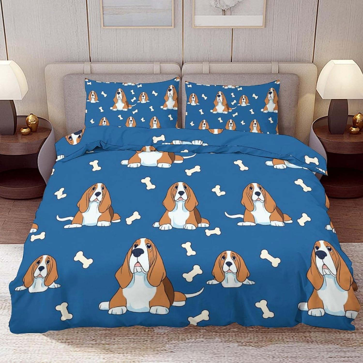 Delerain Comforter Cover Set Full Size, Cute Basset Hound Dog 3-Piece Bedding Set for Boys Girls Teens Modern Soft Microfiber Bedroom Set Room Decor, 1 Duvet Cover + 2 Pillowcases