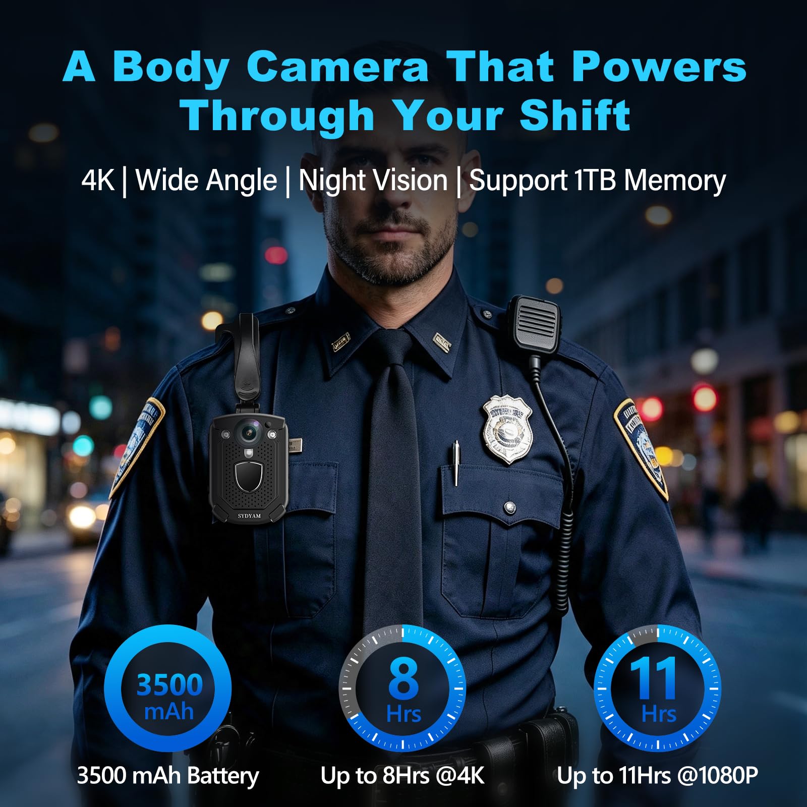SYDYAM Telecamera per il corpo 4K, 11-13 ore con registrazione audio e video, codice video H.265, per guardia di sicurezza, conduttore del treno, consegna cameriere (128 GB)