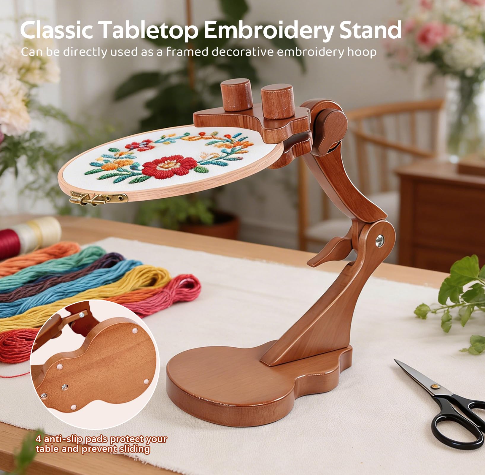 Bastidor de Punto de Cruz con Aro de Bordado, Soporte de Mesa Ajustable para Bordado, Port Aros de Bordado de Madera para Costura, Manualidades y Bricolaje