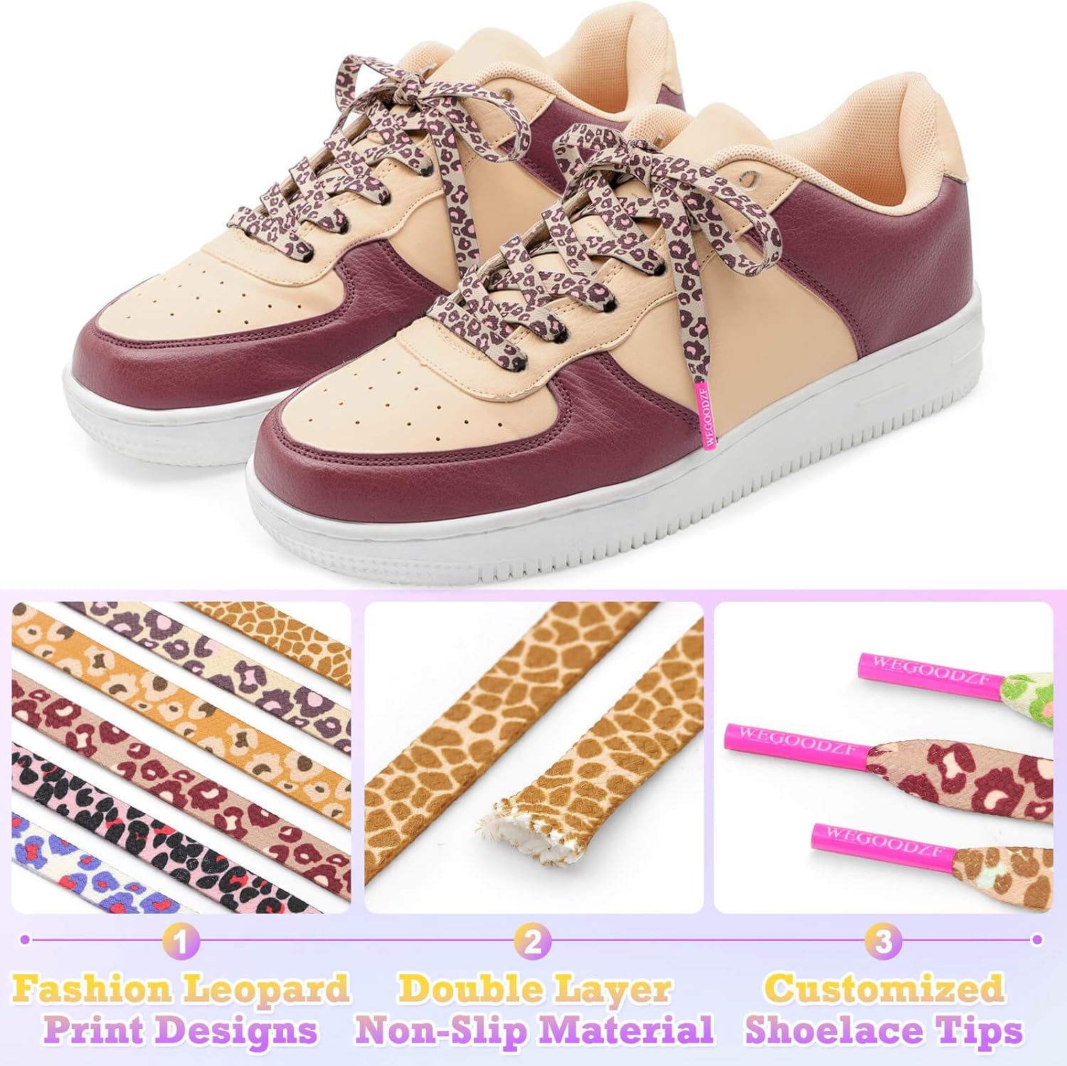 Leopard Print Shoe Laces: 2 Pairs 8MM Cheetah Pattern Shoelaces | 120CM/47 Inch, Color Paper Box Package, 10 Cheetah Patterns