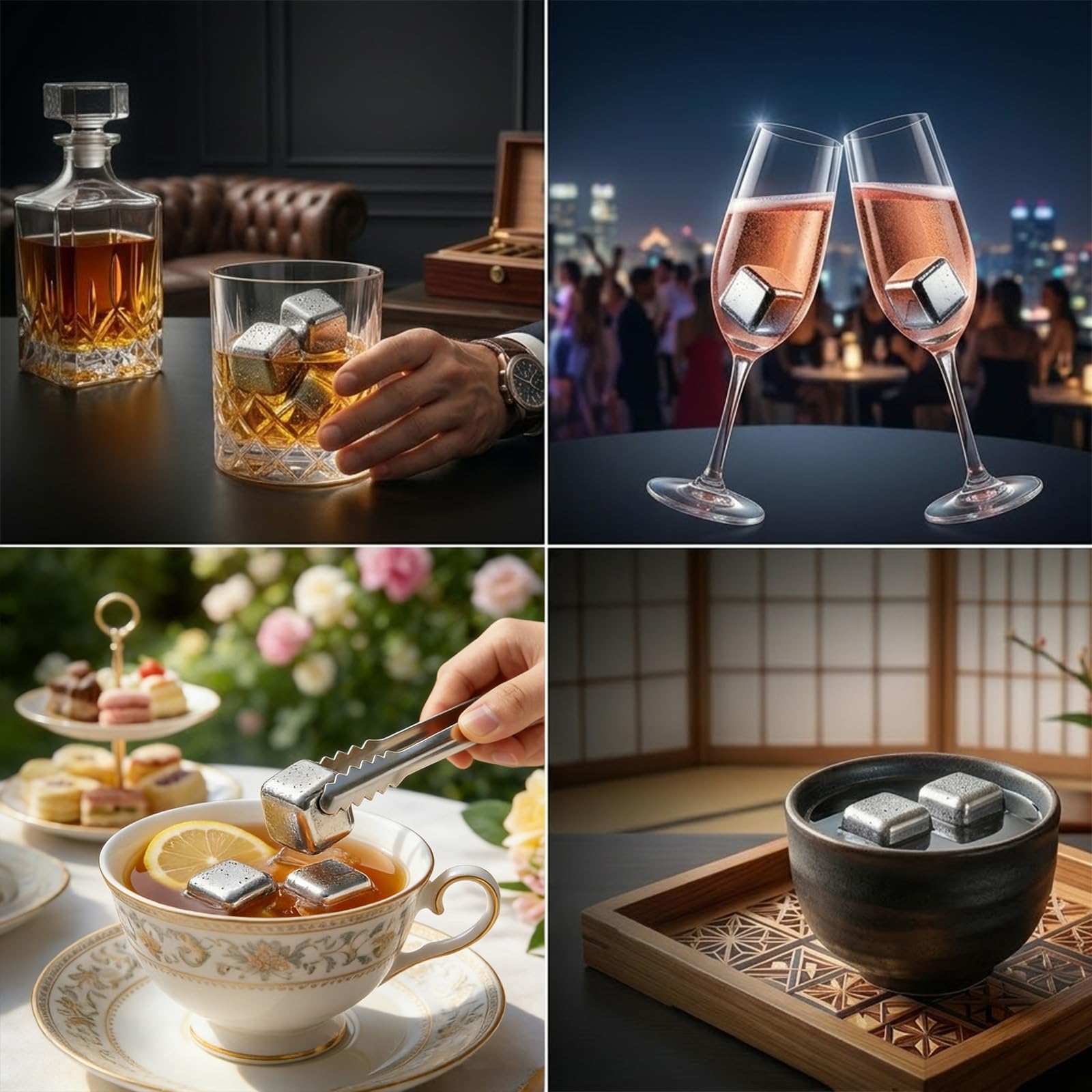 8 Stück eiswürfel wiederverwendbar mit Clips, edelstahl eiswürfel für Whisky Cocktail Wein Kaffee, Lebensmittelqualität Whiskystein, Metall Kühlsteine ohne Verwässern