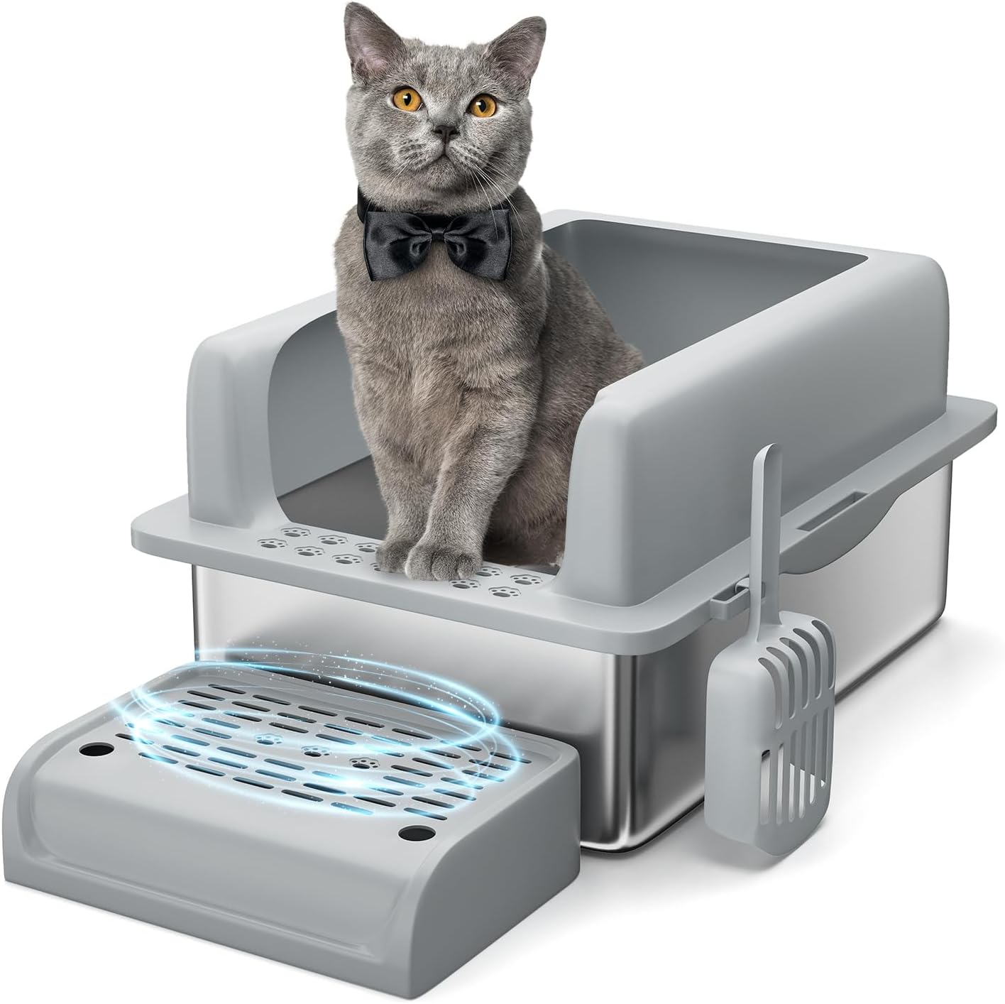 GarveeLife Stainless Steel Cat Litter Box 6 in, XXL Large Cat Litter Tray with High Side, Platform Step and Scoop for Big Cats Multiple Cats, Easy Clean