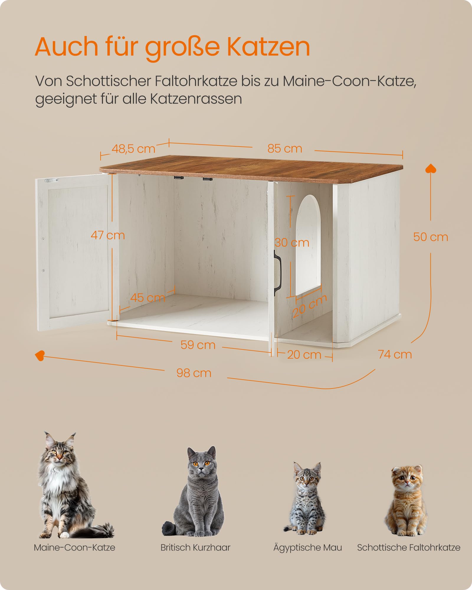 Feandrea Katzenhaus, Katzenklo-Schrank modern, Vordereingang, mit Doppeltür und Griffen, als Sideboard, 85 x 48,5 x 50 cm, honigbraun-vintageweiß PCL012K01