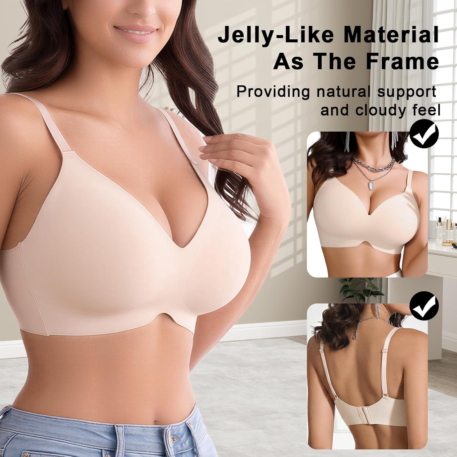 3 Pack Bra for Women No Underwire Seamless Full Coverage V-Neck Bralette with Adjustable Straps Removable Padding