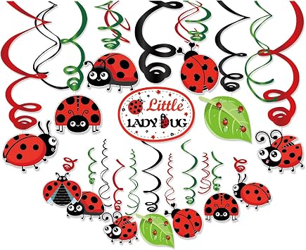 30Ct Ladybug Hanging Swirl Decorations, Little Lady Bug Party Supplies, Ladybird Birthday Theme Decor for Boy Girl Baby Shower