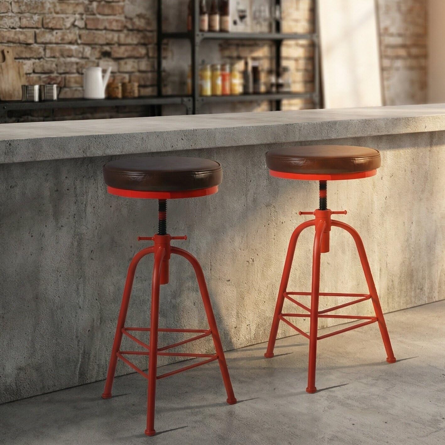 Topower Antique Industrial Design Metal Adjustable Height Bar Stool, Kitchen Dining Breakfast Chair, PU Leather Seat Counter Stool, Set of 2, Red