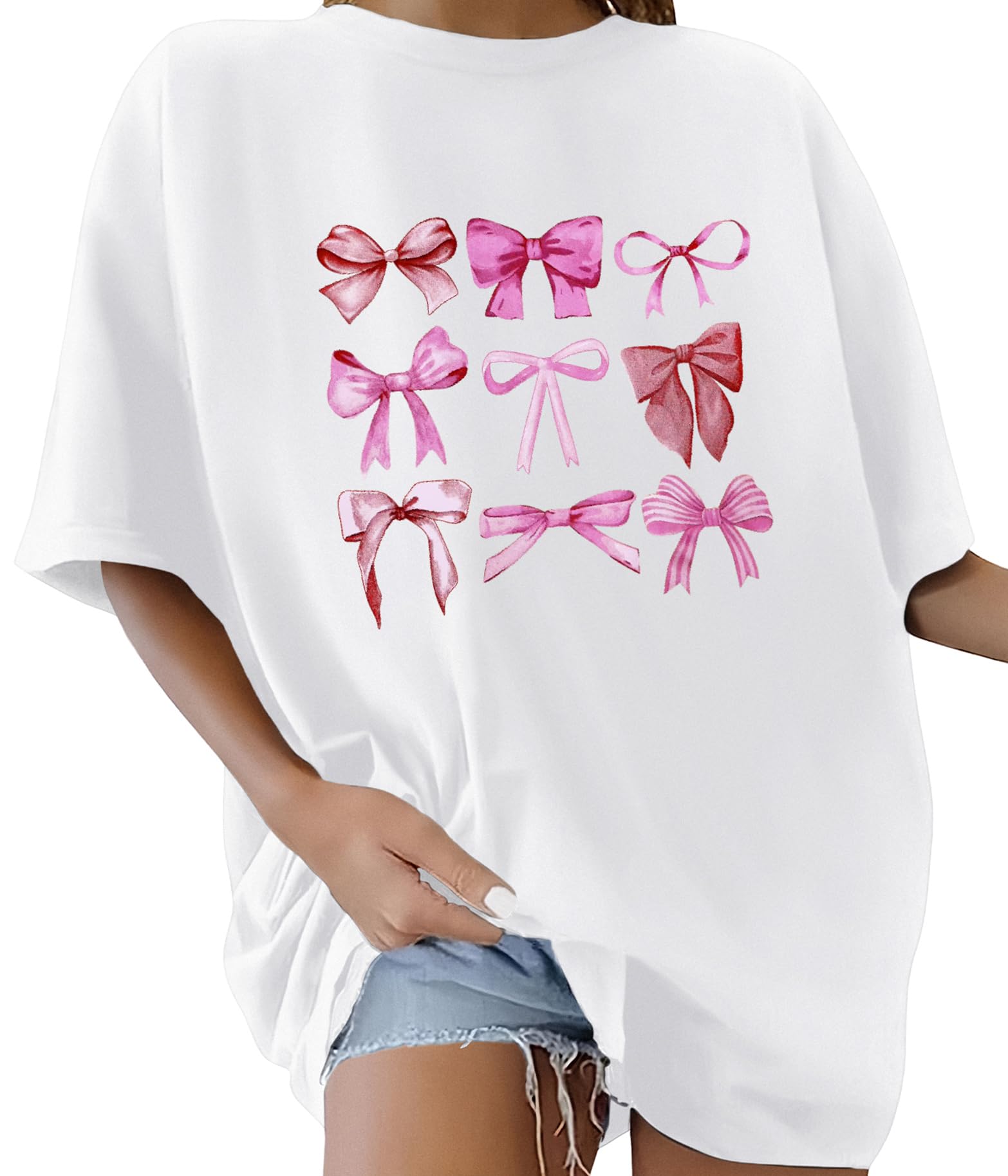 Lonya T Shirt Damen Oversized Vintage Rundhals Kurzarm 80er Jahre Brief Gedruckt Schleife Blumen Sonne Mond Muster Sommer Bluse Baumwolle Oberteile Tops Retro 80s Casual Lockere Basic Tee Shirt