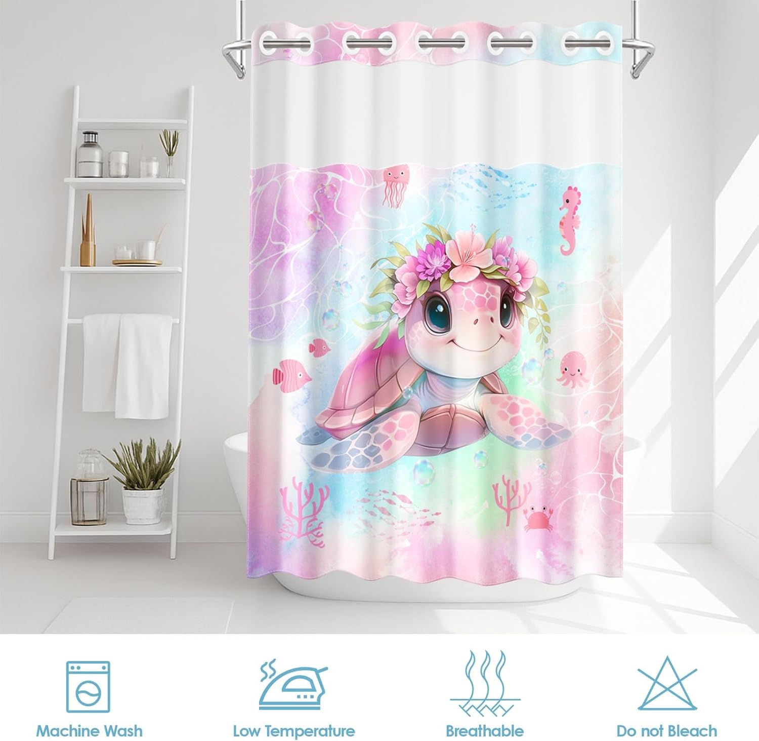 No Hook Pink Cute Turtle Shower Curtain with Snap in Fabric Liner Set, Summer Flower Girl Double Layers Waterproof Fabric with See Through Top Window Open Grommet Bath Curtain 71x74 Inch