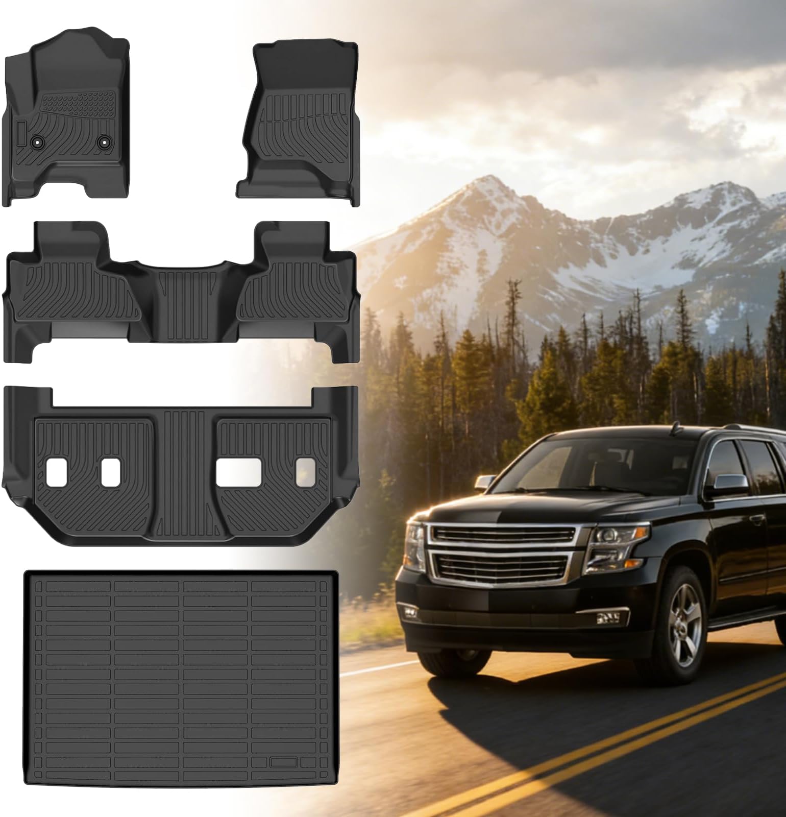 Floor Mats for Chevy Suburban 2015-2020, for GMC Yukon XL(with 2nd Row Bench), 7 Seats, 1st & 2nd & 3rd Row &Cargo Mat, TPE Non-Slip Waterproof Summer Winter Chevrolet Suburban Car Accessories