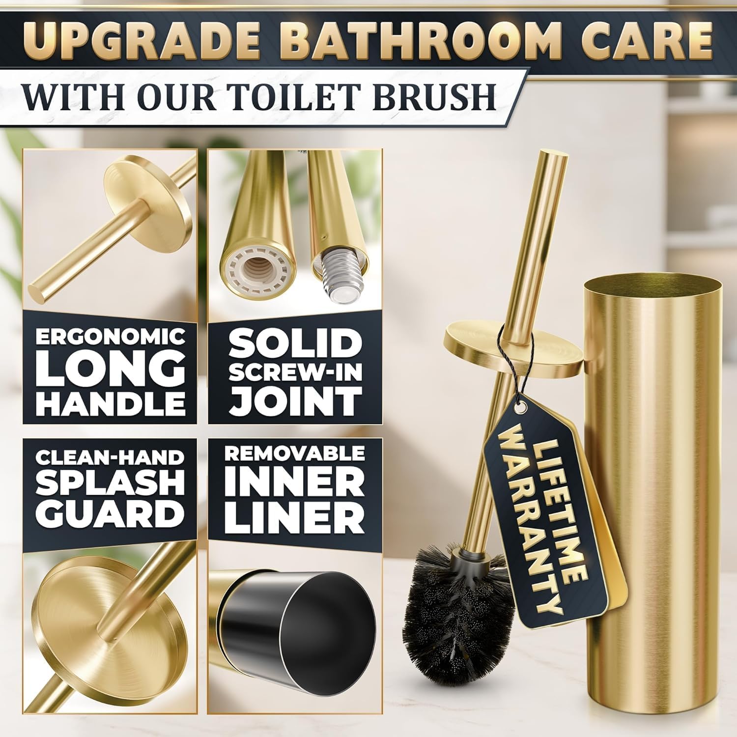 2 PCS Gold Toilet Brush and Holder Set - Brushed Stainless Steel Gold Toilet Bowl Brush and Holder with Replacable Head, Removable Inner Bowl, and Splash Protection - Dense Bristles for Cleaning