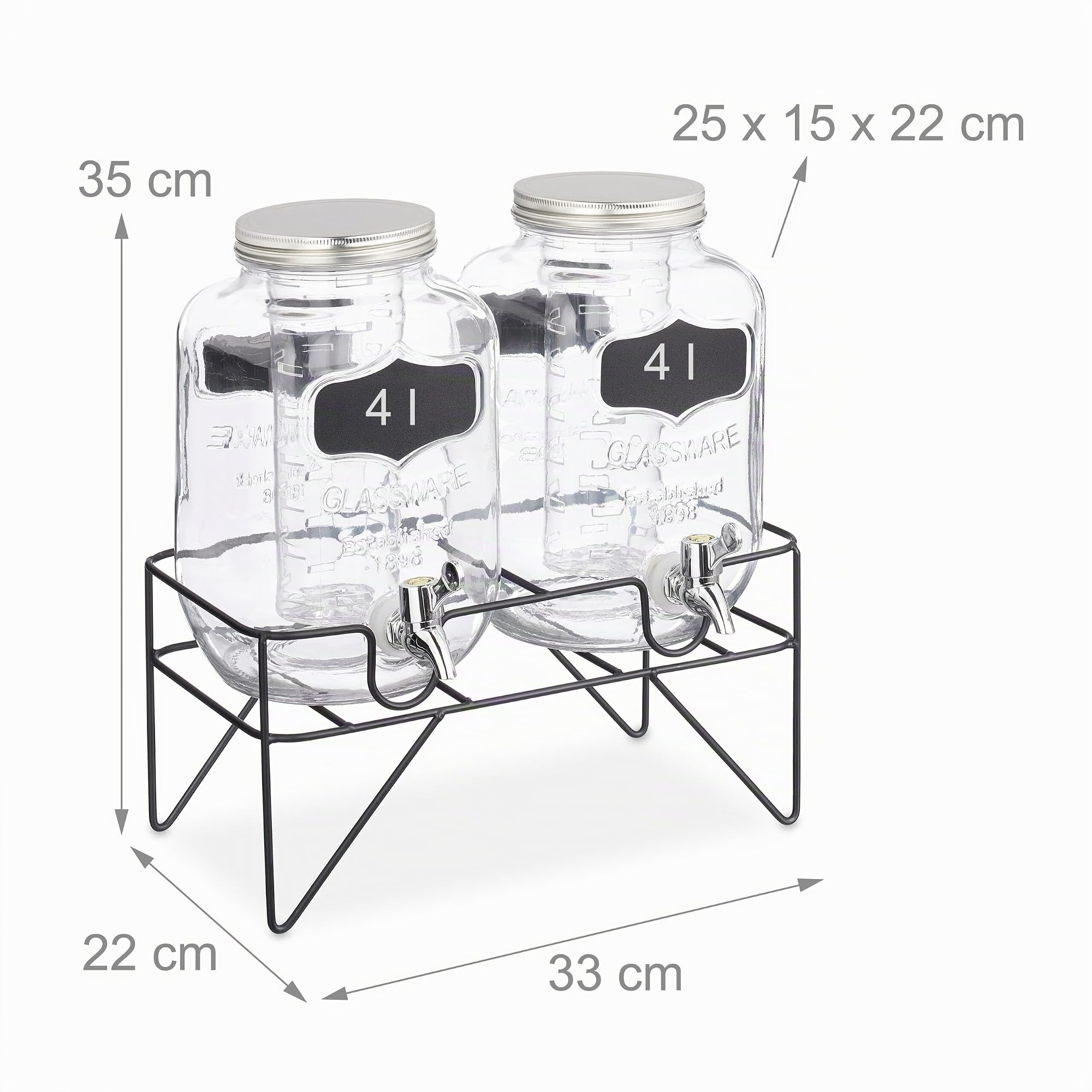 Relaxdays Set 2 Dispensadores Bebidas con Soporte, Recipiente Limonada 4L, Grifo y Tapa, Cristal, Surtidor, Transparente