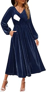 Women's Nursing Long Sleeve V Neck Velvet Maxi Dress Flowy Wedding Party Dresses with Pockets