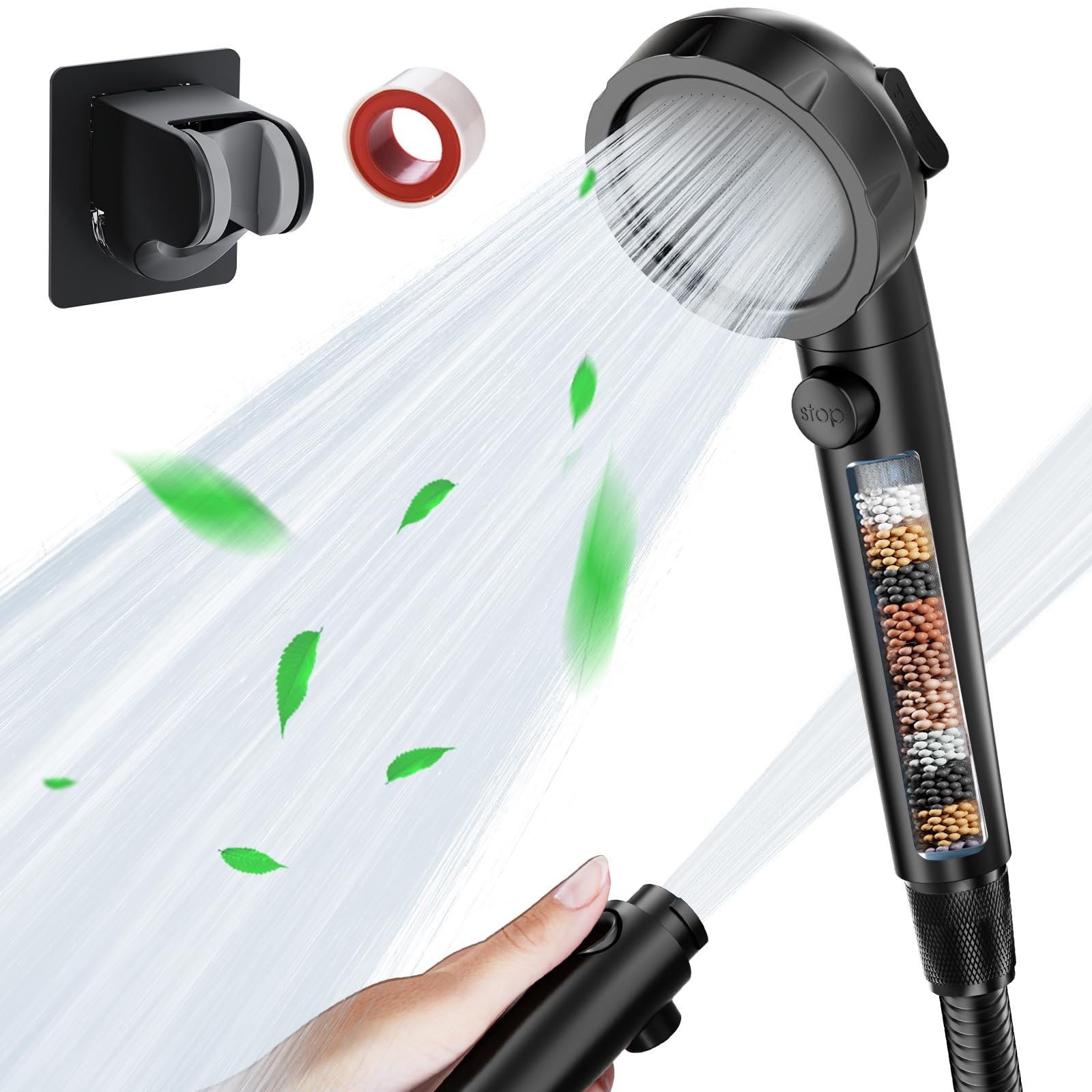 KAIYING Soffione doccia a risparmio idrico con filtro contro il calcare per acqua dura, 3+1 modalità di spruzzo, soffione doccia con tubo e supporto, doccetta ad alta pressione con interruttore on/off