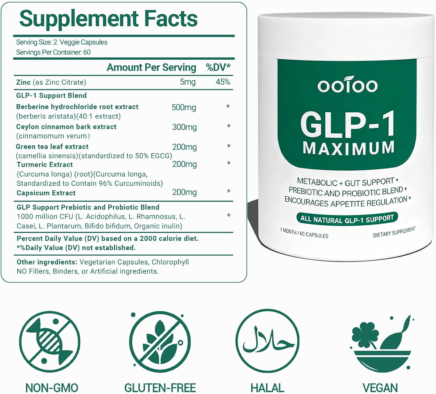 ooioo GLP-1 Weight Loss Supplement with Berberine, Ceylon Cinnamon & Probiotic Blend for Appetite, GLP-1 Activate, Metabolism & Gut, Vegan, Non-GMO, Halal Capsules for Men & Women