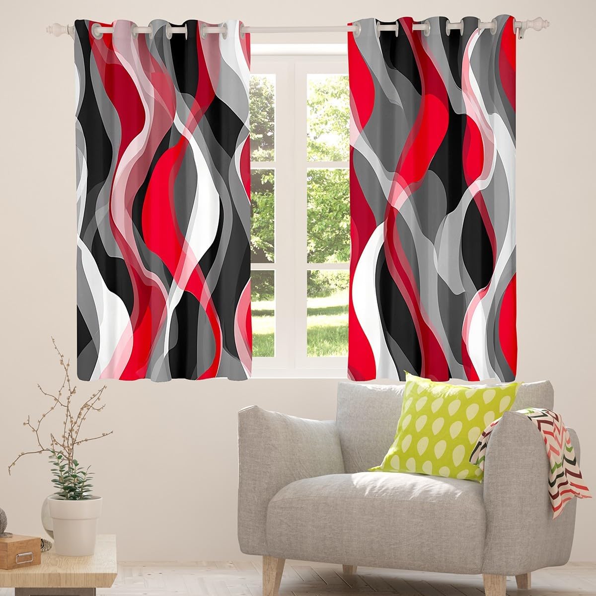 Feelyou Red Grey Black Stripes Curtains for Bedroom Living Room (2 Panels, 42 x 63 Inch) Kids Geometric Blackout Curtains Geometric Darkening Dreapes Modern Striped Art Abstract Art Window Treatments