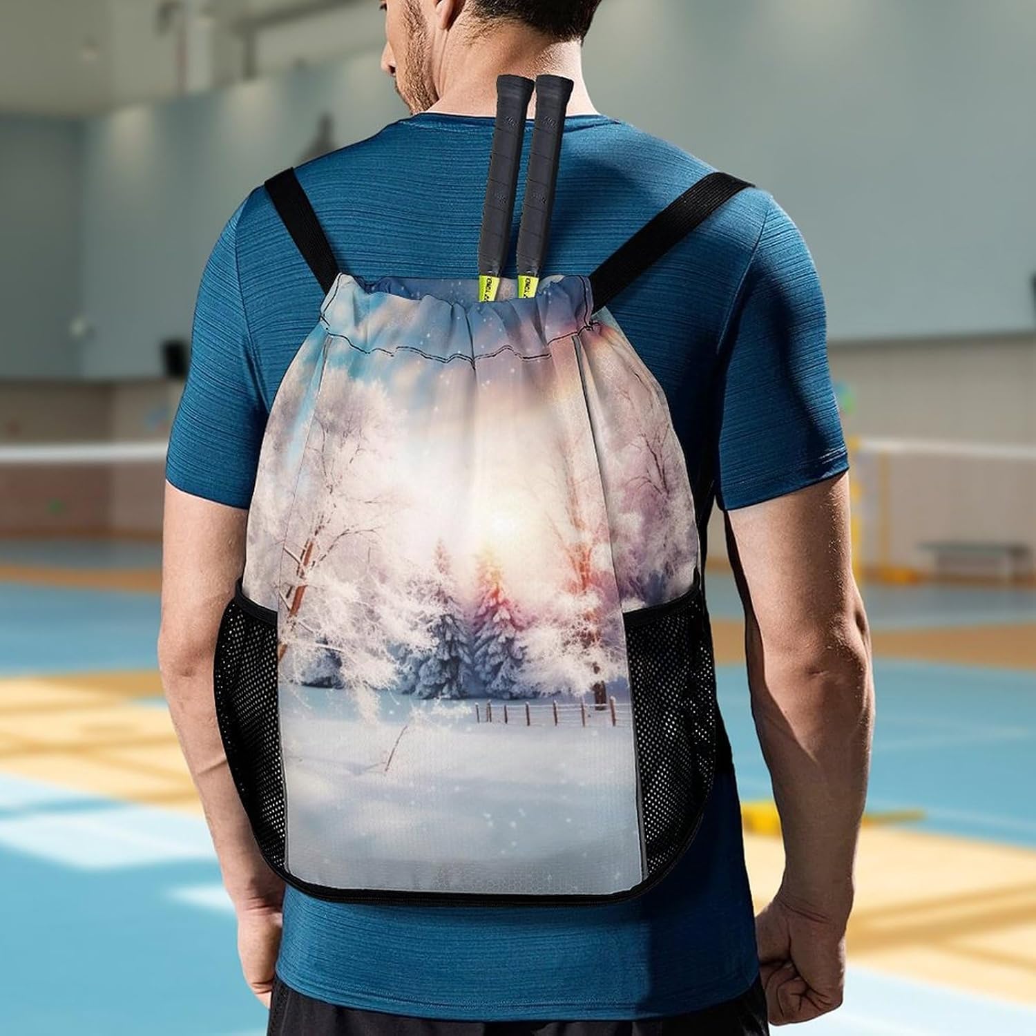 Small Gym Bag Beautiful Landscape Trees Snow Flakes Printed Drawstring Gym Bag for Men Lightweight Waterproof Drawstring Backpack for Women with Shoe Compartment for Travel Tourism Work And Fitness
