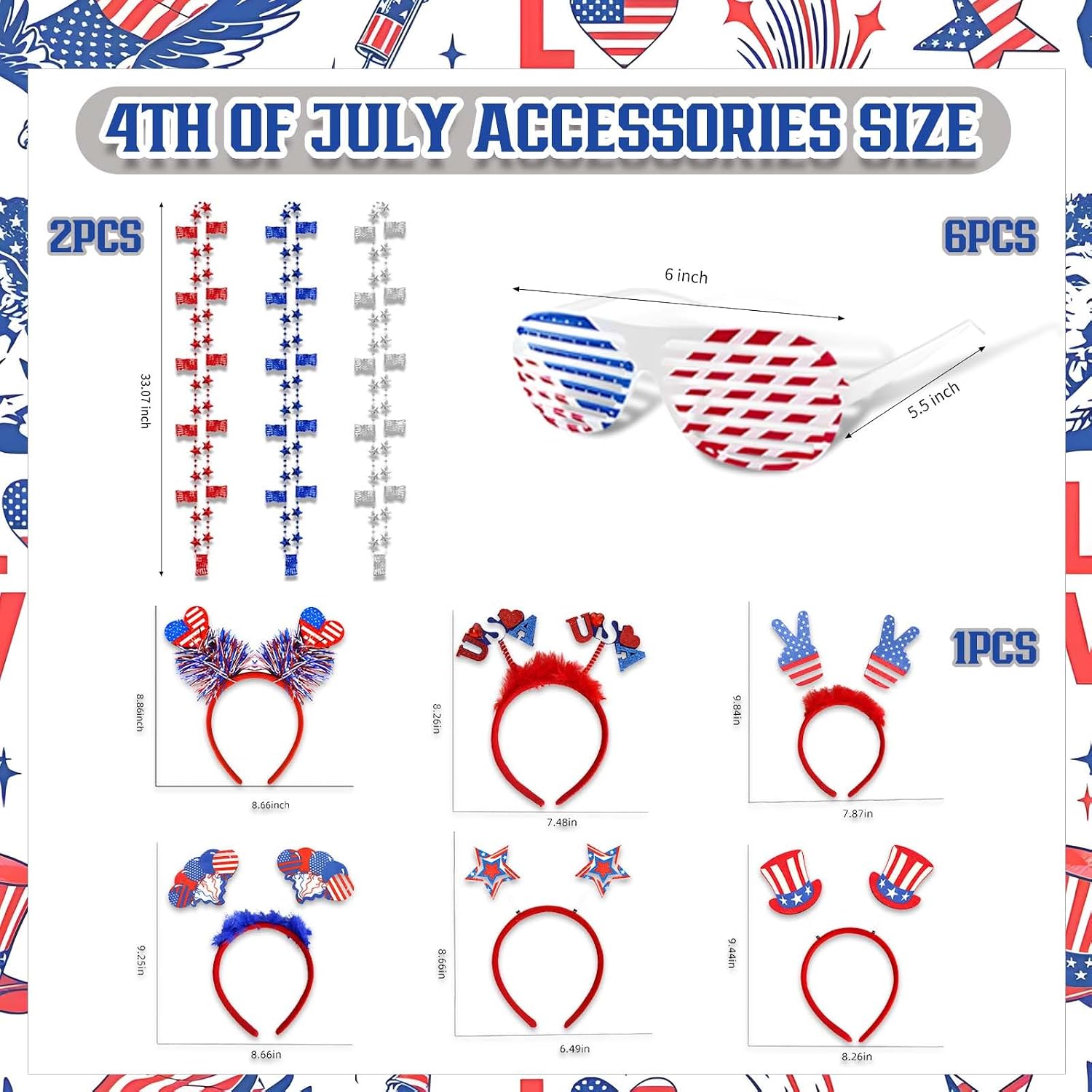 4th of July Accessories, Patriotic Party Favors Set with Red Blue Headband Necklace and Shutter Glasses for Independence Day Decorations Memorial Day Celebrations Party Parades Classroom Rewards
