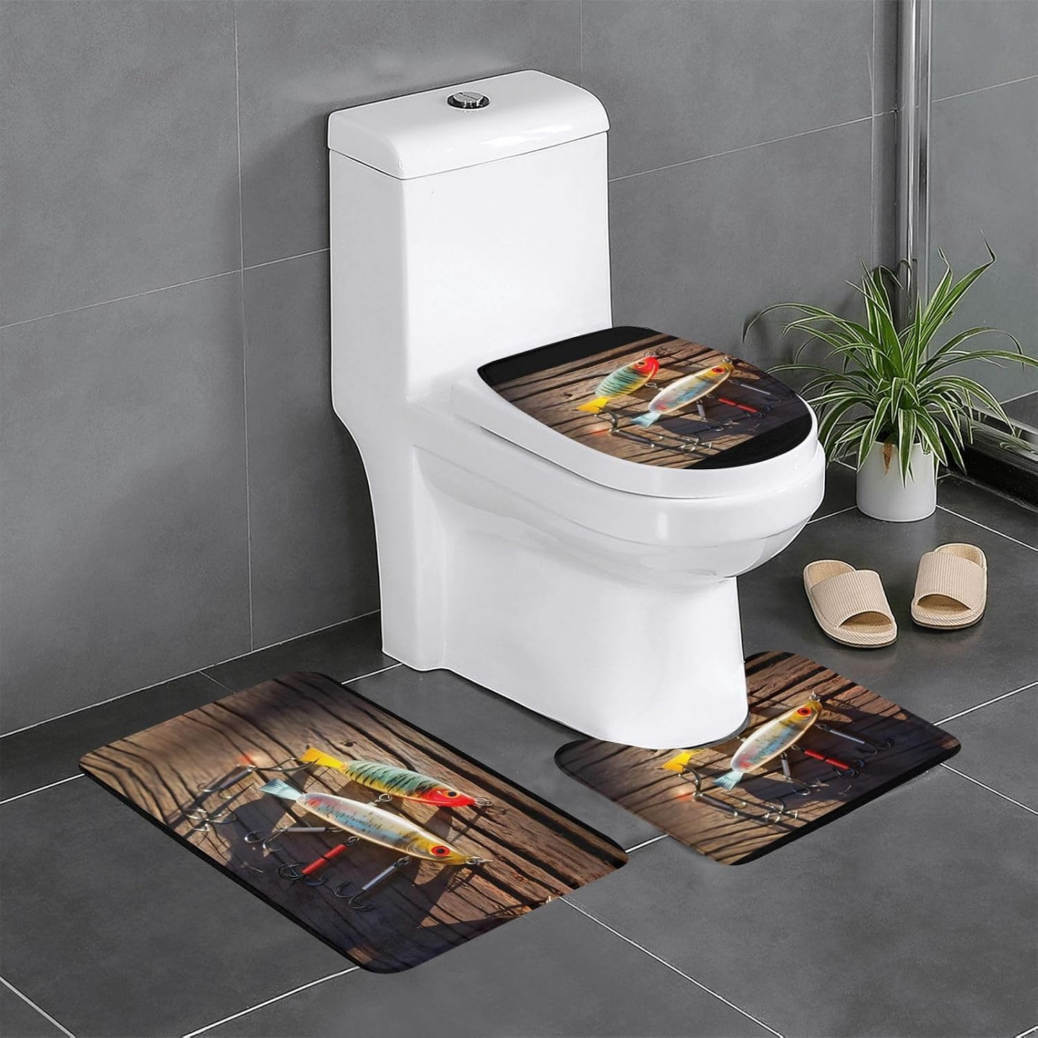 JCAKES Fishing Lure Print 3 Piece Bathroom Rugs Set Non-Slip Washable Cover Floor Rug Decorations for Kitchen Bathroom Bedroom