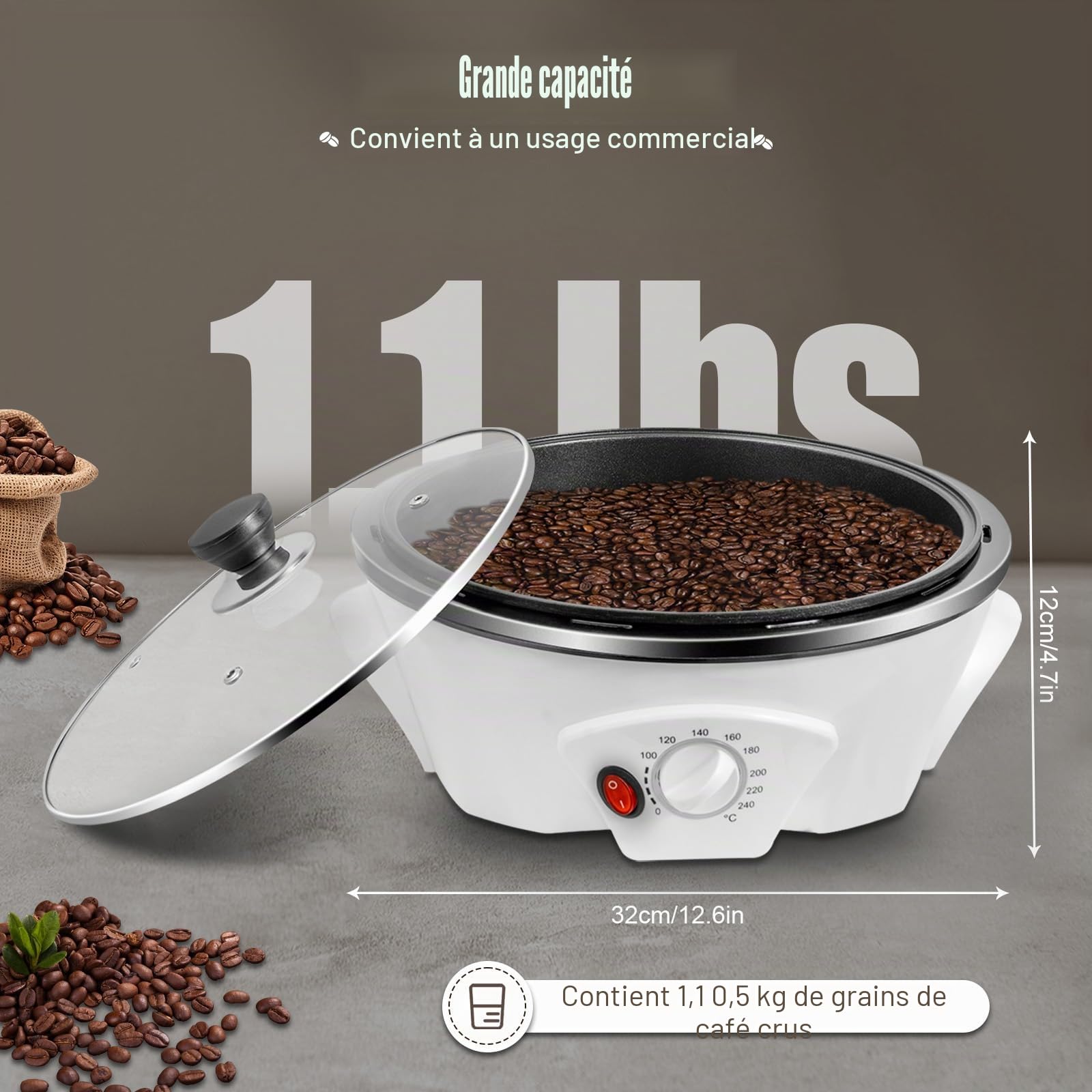 Torréfacteur à café domestique, électrique, 1200 W, torréfacteur à grains, réglable de 0 à 240 °C, avec minuterie, pour grains de café, noix, pop-corn