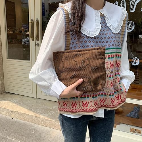 Corduroy Makeup Bag Preppy Purse Pouch Cottagecore Stuff Trendy Aesthetic Bear Patterns Cosmetic Toiletry Bag Alt Bag (Medium,Brown)