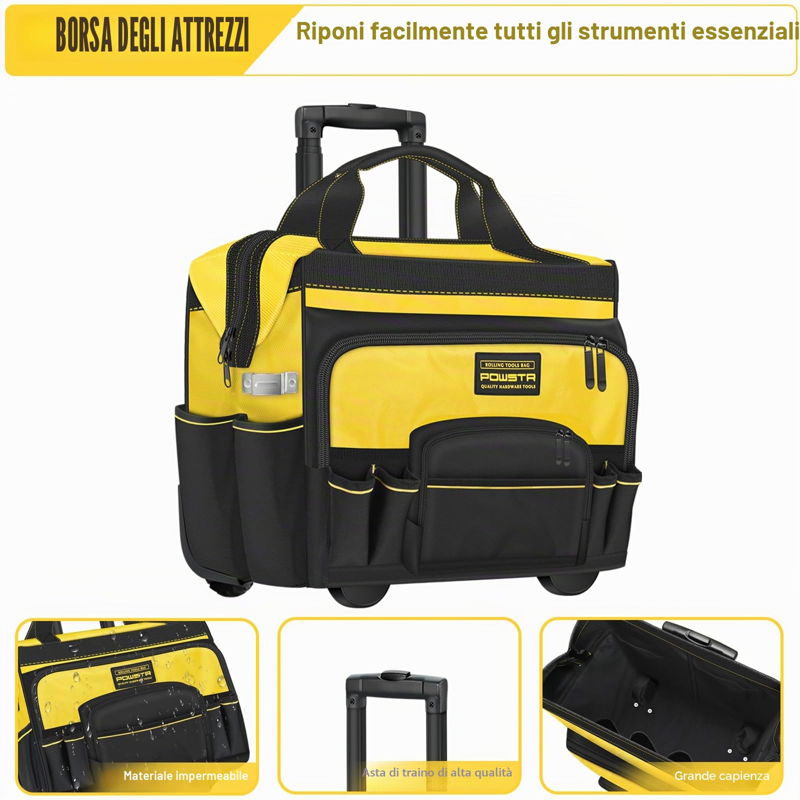 20"Borsa Porta Attrezzi con Ruote, Borsa Porta Attrezzi Resistente con 1680D, Maniglia Telescopica,15 Tasche,Design con Doppia Cerniera,Organizer Multiuso per Attrezzi per Edilizia,Elettricisti
