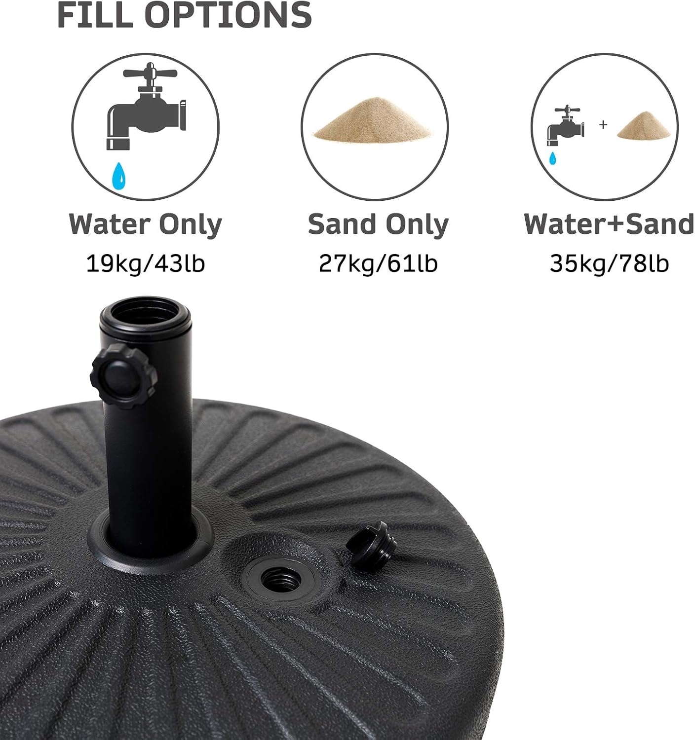 FLAME&SHADE 80lb Round Water Fillable Base Stand Weight for Patio Market Table Umbrella Outdoor, Black
